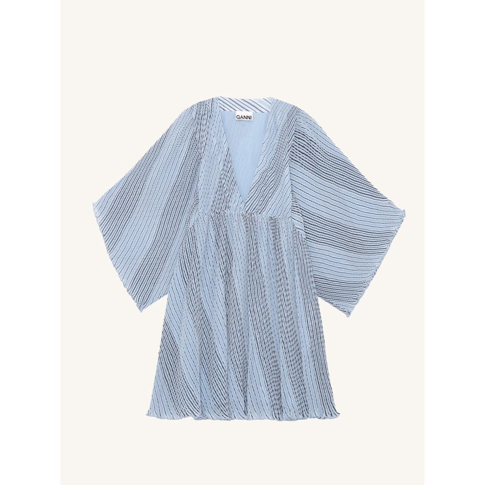 NWT Ganni Heather Blue Georgette Plisse Mini Dress Size S/M Striped Pleated